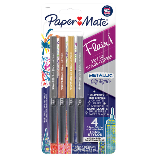 Paper Mate Flair Pens - Metallic Felt Tip Pens - City Lights - Glittery Ink Shines on White Paper - Assorted Colors - 4 Pack