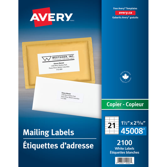 Avery White Copier Address Labels, 2-13/16" x 1-1/2", 2100 Pack (45008)