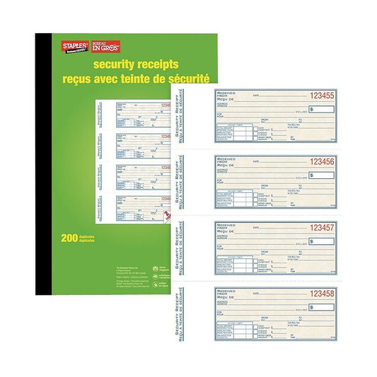 Staples Bilingual Security Receipt Book - Duplicate Carbonless Copies - 7" x 10" - 4 Receipts Per Page