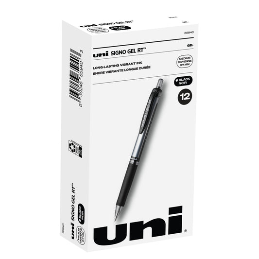Stylo gel rétractable Uniball Signo Gel RT - 0,7 mm - Encre noire - Lot de 12