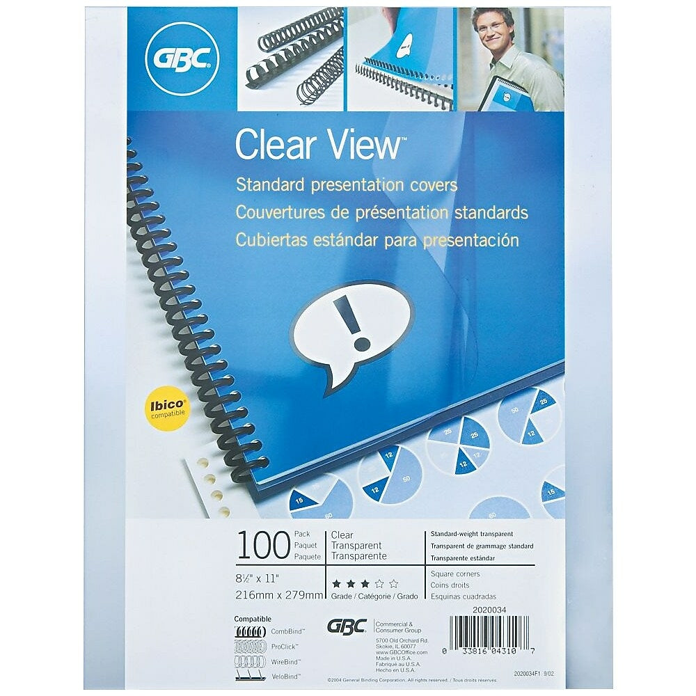GBC Clear View Standard Presentation Covers, 11" x 8-1/2", Square Corners, 100/Pack