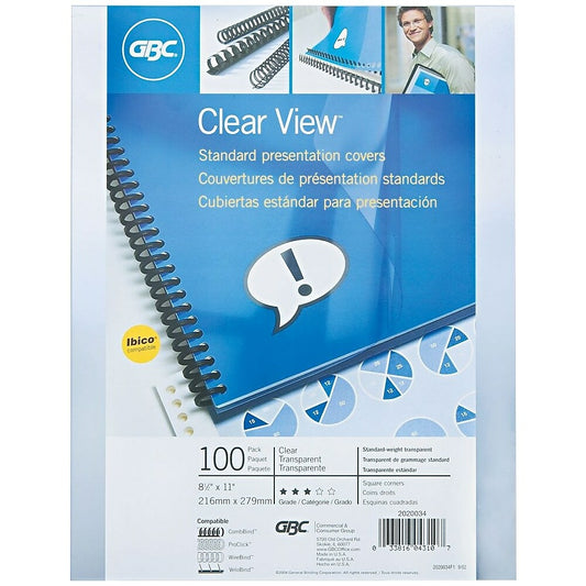 GBC Clear View Standard Presentation Covers, 11" x 8-1/2", Square Corners, 100/Pack