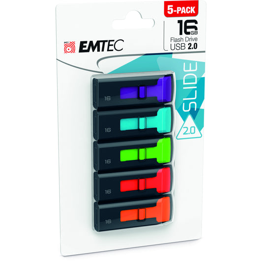 Emtec Slide 16 GB USB 2.0 Flash Drive - Assorted Colours - 5 Pack