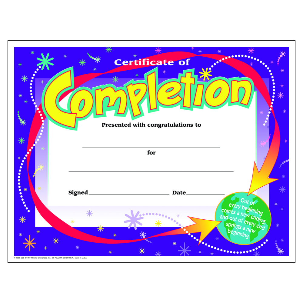 Certificat d'achèvement TREND Enterprises Certificats classiques colorés - 8,5" H x 11" L - paquet de 30
