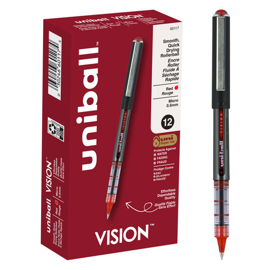 Stylo roller Uni-Ball Vision - Micropointe (0,5 mm) - Rouge - Lot de 12