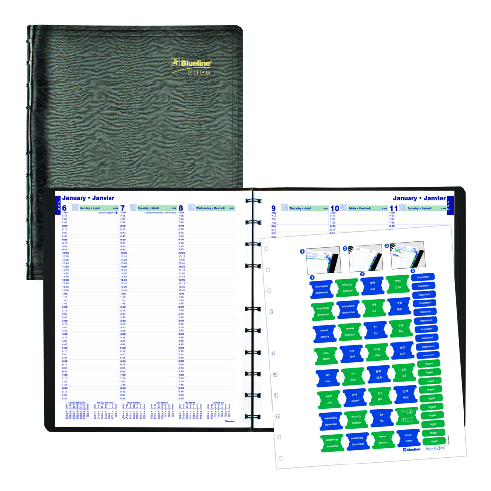 Blueline 2025 MiracleBind Weekly Planner Refillable - 11" x 9-1/16" - Black - Bilingual