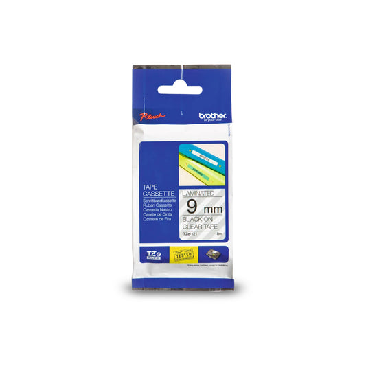 Ruban laminé noir sur transparent Brother TZe121 d'origine pour étiqueteuses P-touch, 9 mm de large x 8 m de long