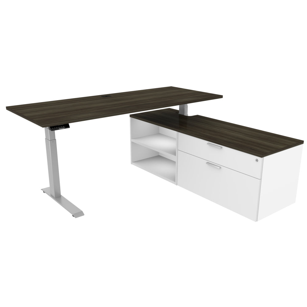 Bureau réglable en hauteur Heartwood HDL Levels avec pieds dissimulés et rangement - Gris crépuscule, blanc pur, argent