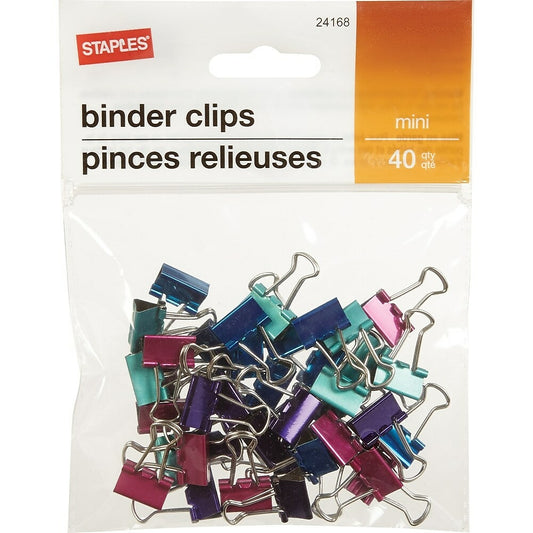 Staples Binder Clips - Mini 3/5" - Assorted Metallic Colours - 40 Pack