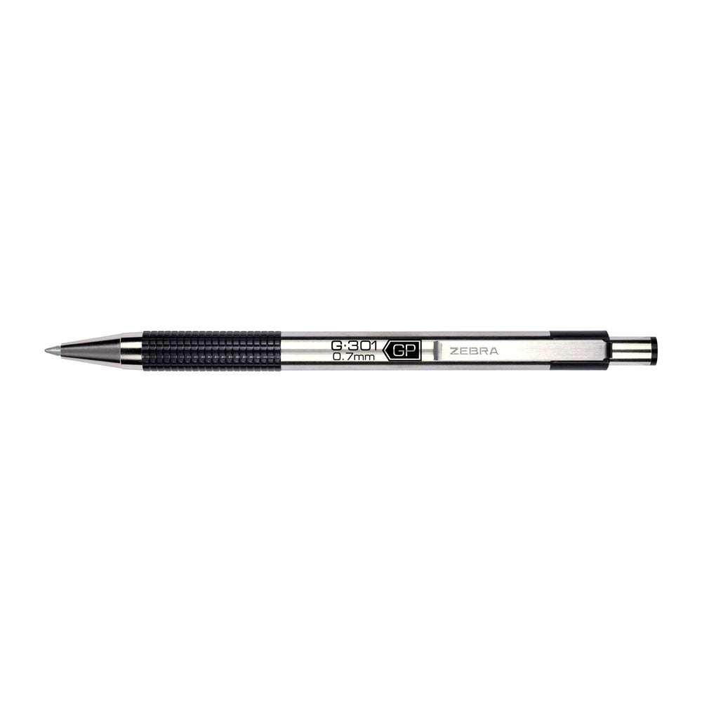 Stylo gel rétractable Zebra G-301 - Pointe moyenne - 0,7 mm - Corps en acier inoxydable - Encre noire