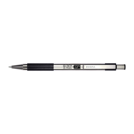 Stylo gel rétractable Zebra G-301 - Pointe moyenne - 0,7 mm - Corps en acier inoxydable - Encre noire