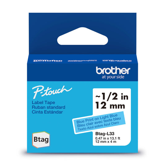 Brother Genuine BTAGL33 Label Tape for P-touch Label Makers - Blue on Light Blue - 12 mm W x 4 m L