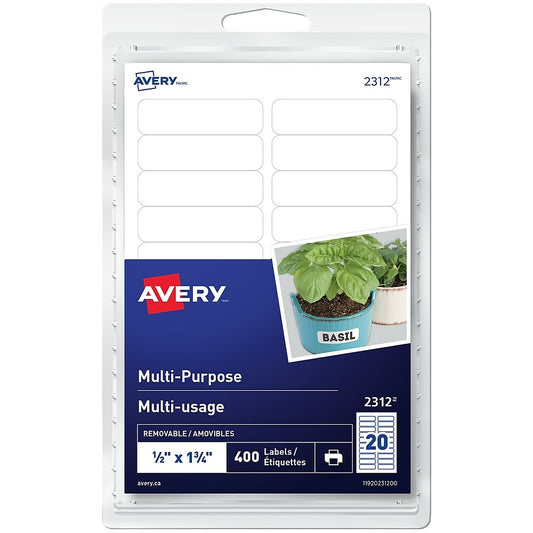 Avery Multi-Purpose Removable Labels, 1/2" x 1-3/4", 400 Pack (2312)
