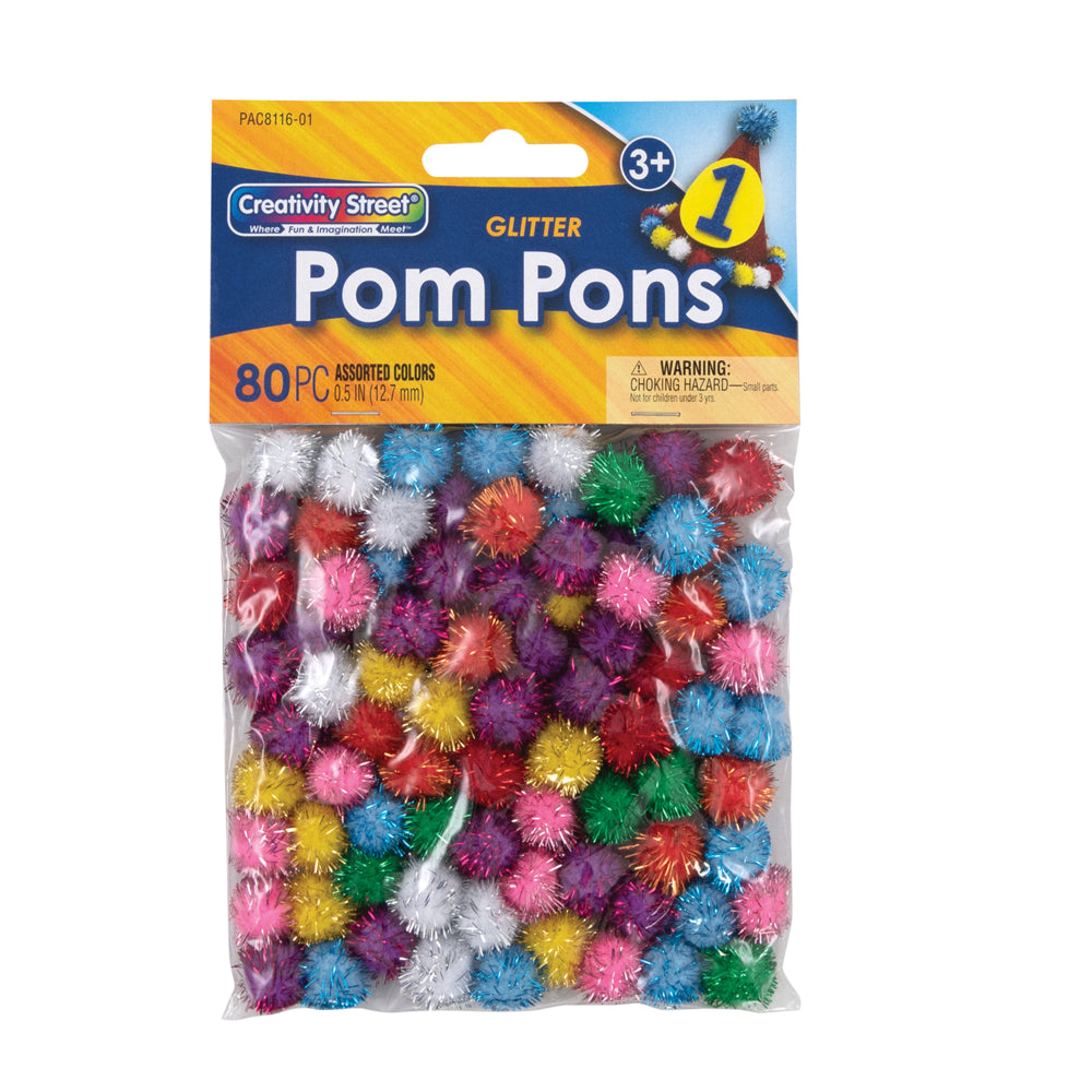Creativity Street Glitter Pom Pons, Assorted Colors, 1/2", 80/pkg.