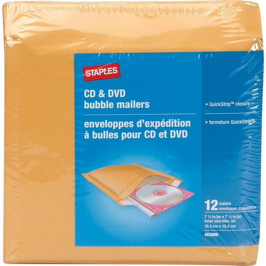 Staples QuickStrip Bubble Wrap Cushioned Kraft Mailer CD/DVD, 7 1/4" x 6 3/4", 12 Pack