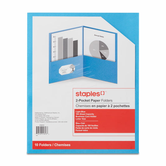 Porte-documents Staples à deux poches – Bleu clair – Paquet de 10
