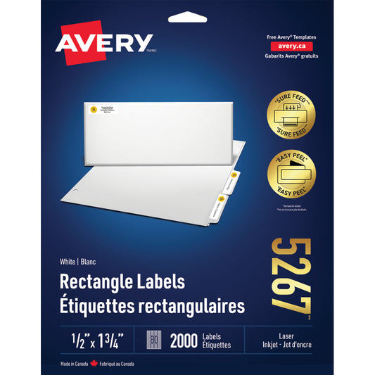 Étiquettes d'adresse de retour Avery Easy Peel pour imprimante laser/jet d'encre - 1-3/4" x 1/2" - Blanches - Paquet de 2 000 (5267)