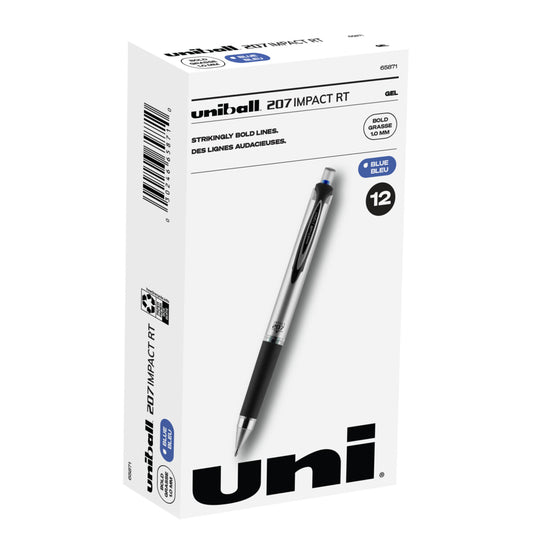 Stylos Uniball 207 Impact RT - 1,0 mm - Encre bleue - Lot de 12