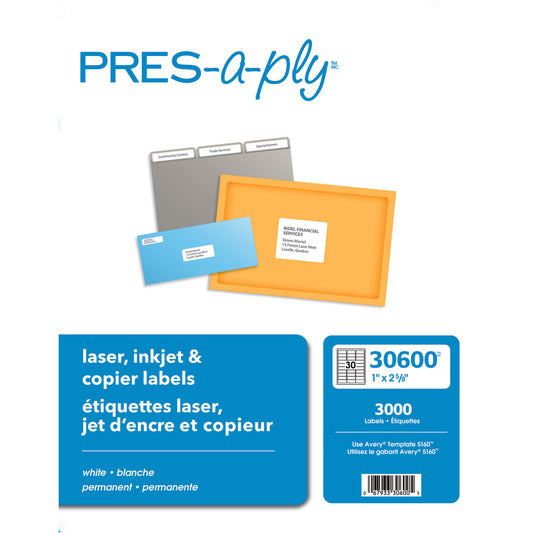 Étiquettes d'adresse laser Avery PRES-a-ply, 2,54 cm x 6,76 cm (1 po x 2,63 po) - Blanches, paquet de 3 000