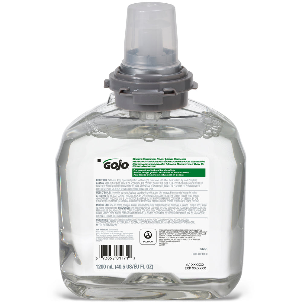 Recharge de mousse nettoyante pour les mains certifiée Gojo Green pour distributeur TFX - 1 200 ml - Lot de 2