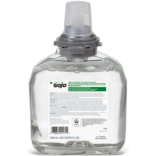 Recharge de mousse nettoyante pour les mains certifiée Gojo Green pour distributeur TFX - 1 200 ml - Lot de 2