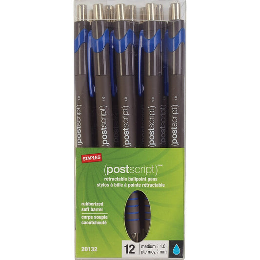 Stylos à bille Staples Postscript - Rétractables - 1,0 mm - Bleu - Lot de 12