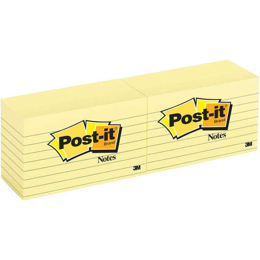 Notes Post-it - Jaune canari - 7,6 cm l x 12,7 cm L (3 po x 5 po) - 100 par bloc - 12 par paquet
