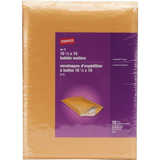 Staples #5 Bubble Envelope with QuickStrip Flap - 10-1/2" x 15" - Kraft Brown - 12 Pack