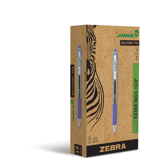 Stylo à bille rétractable Zebra Jimnie Clip Eco - Pointe moyenne - 1,0 mm - Encre bleue - Lot de 12