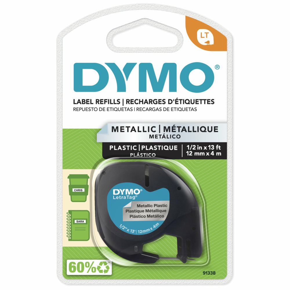 Ruban d'étiquettes DYMO LetraTag - 12 mm (1/2") - Impression noire sur étiquette métallique argentée