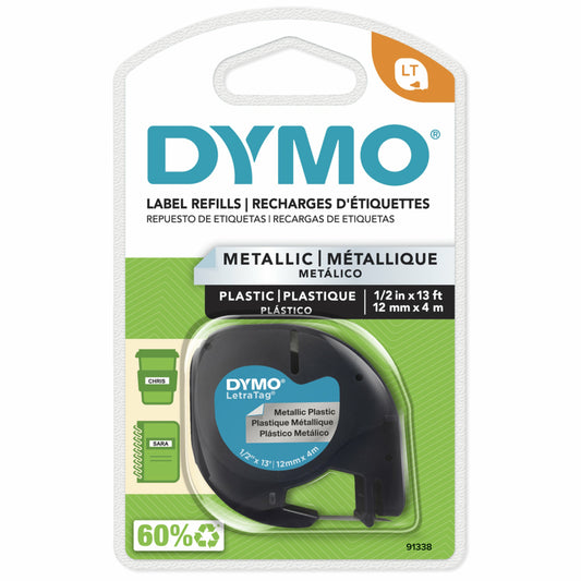 Ruban d'étiquettes DYMO LetraTag - 12 mm (1/2") - Impression noire sur étiquette métallique argentée