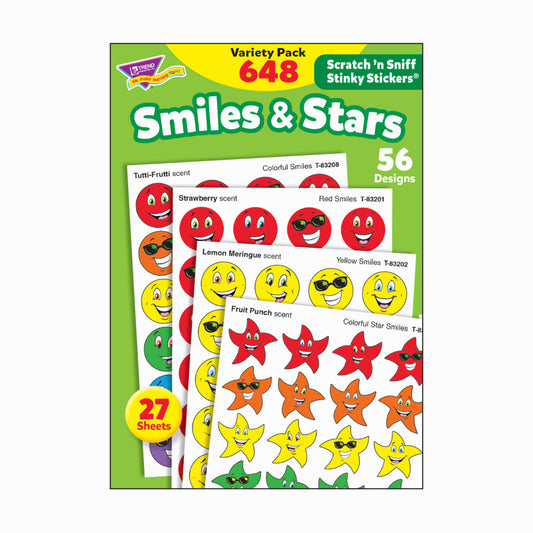 TREND enterprises Scratch 'n Sniff Stinky Stickers Variety Pack - 7/8" - Smiles and Stars - 648 Pack