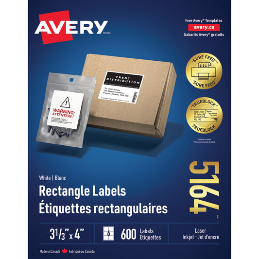 Étiquettes d'expédition laser/jet d'encre Avery TrueBlock - 4" x 3 1/3" - Blanches - Paquet de 600 (5164)