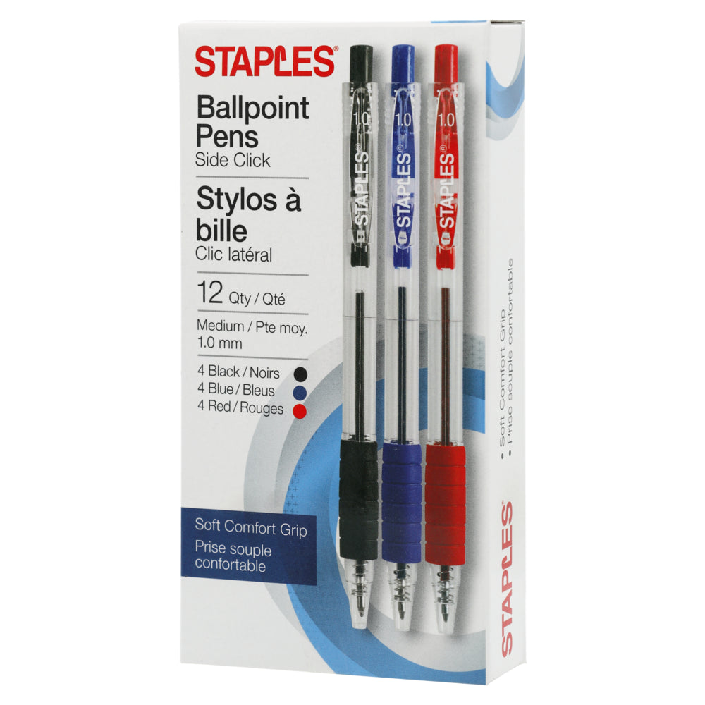 Stylos à bille Staples Side Click - Moyen 1,0 mm - Assortis - Paquet de 12