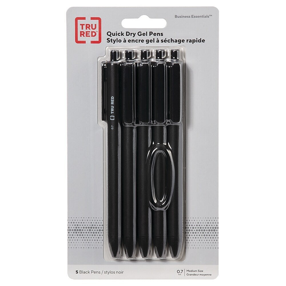 TRU RED Retractable Quick Dry Gel Pens - Medium Point - 0.7mm - Black - 5 Pack