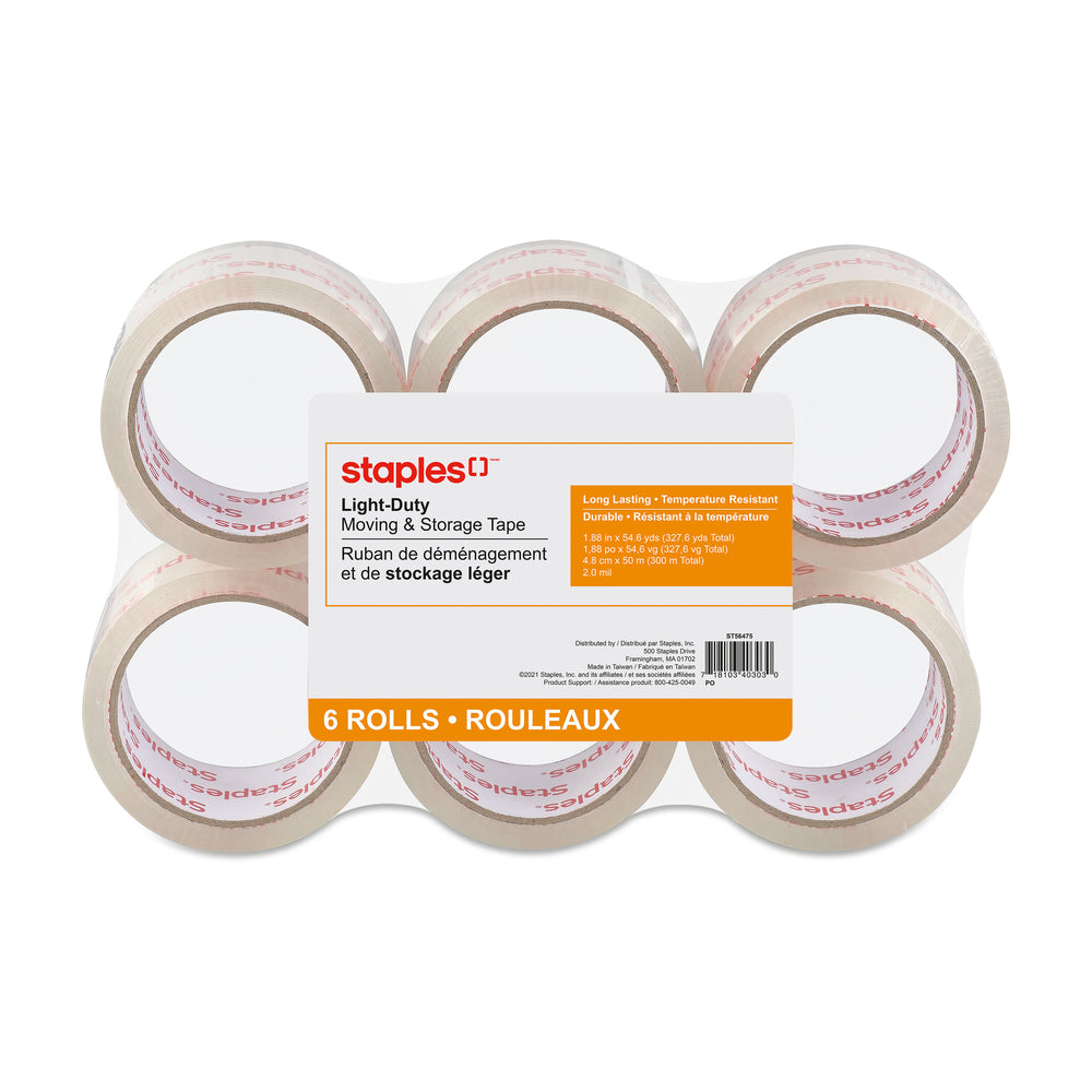 Ruban d'emballage léger Staples Clear View, 48 mm x 50 m, 2,0 mil, paquet de 6
