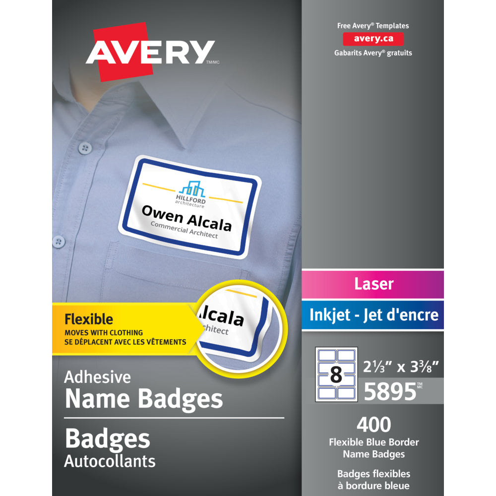 Étiquettes nominatives flexibles autocollantes Avery pour imprimantes laser/jet d'encre - 3-3/8" x 2-1/3" - Blanches avec bordure bleue - Paquet de 400