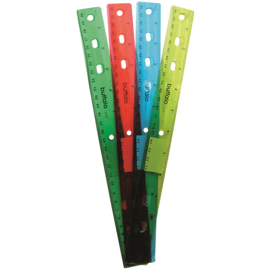 Buffalo Plastic Ruler with Binder Holes - 12"/30 cm - Assorted Colours