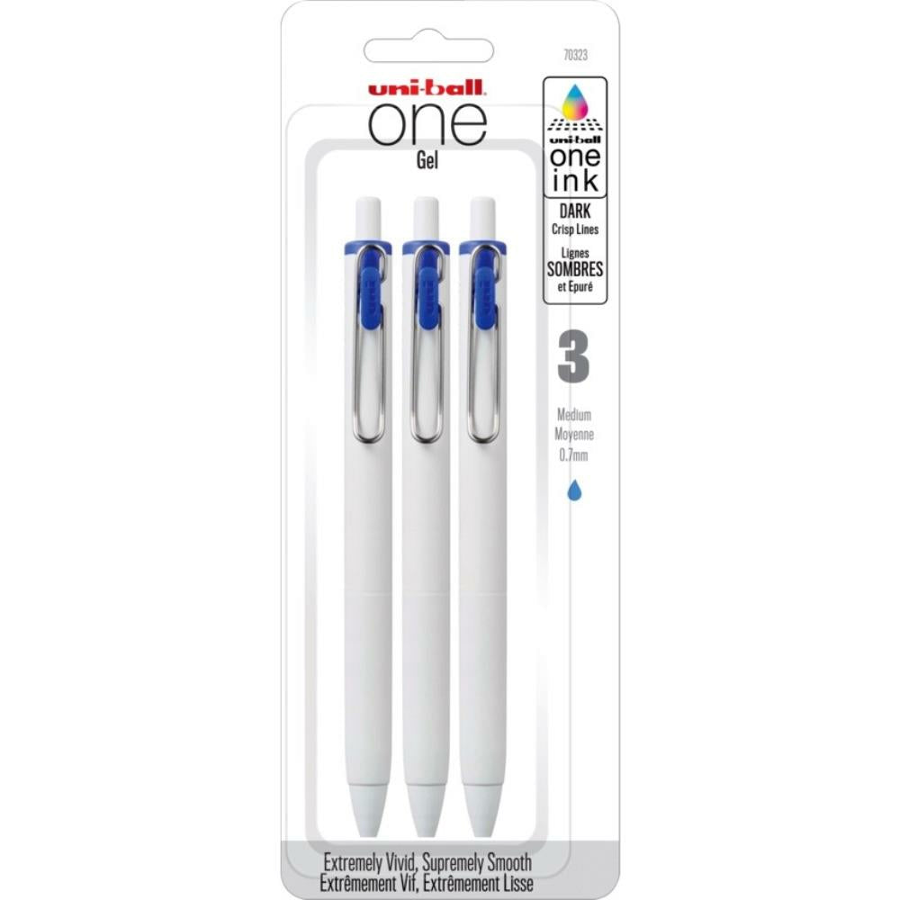 Stylos gel rétractables Uni-Ball One - Pointe moyenne (0,7 mm) - Encre bleue - Lot de 3