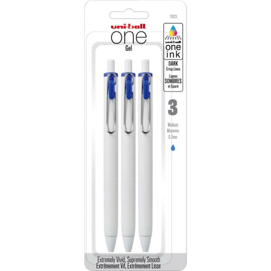 Stylos gel rétractables Uni-Ball One - Pointe moyenne (0,7 mm) - Encre bleue - Lot de 3