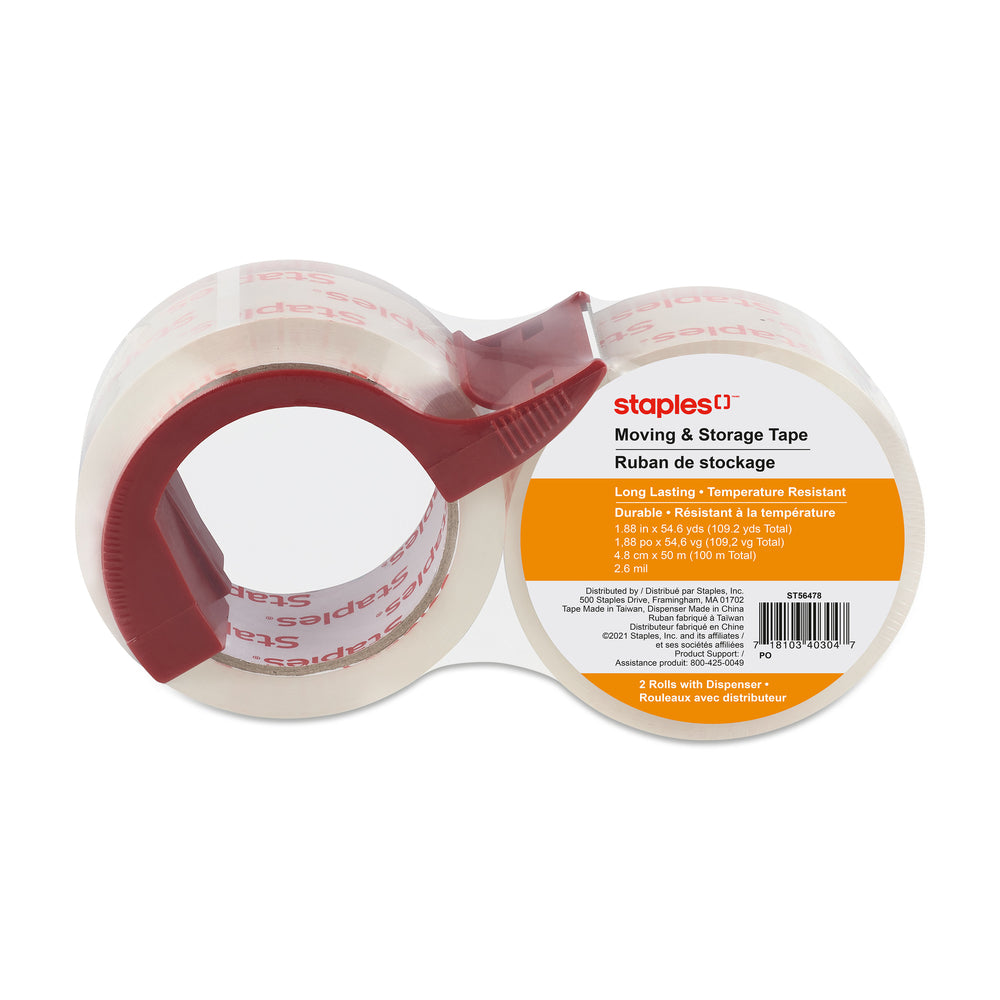 Staples Clear View Packaging Tape, 48 mm x 50 m, 2.6-mil, 2 Rolls with Dispenser