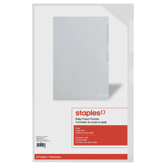 Staples Poly Project Pockets - Legal Size - Clear - 5 Pack