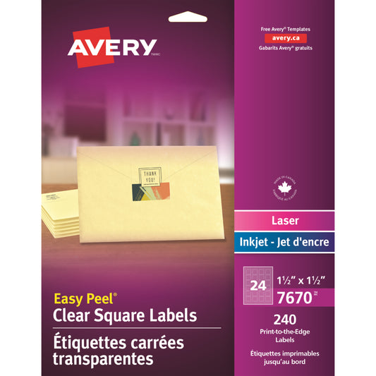 Avery Easy Peel Square Labels - 1-1/2" x 1-1/2" - Clear - 240 Labels