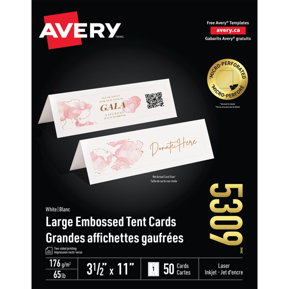 Cartes de tente Avery blanches imprimables au laser/jet d'encre, 8,9 x 28 cm, paquet de 50 (05309)