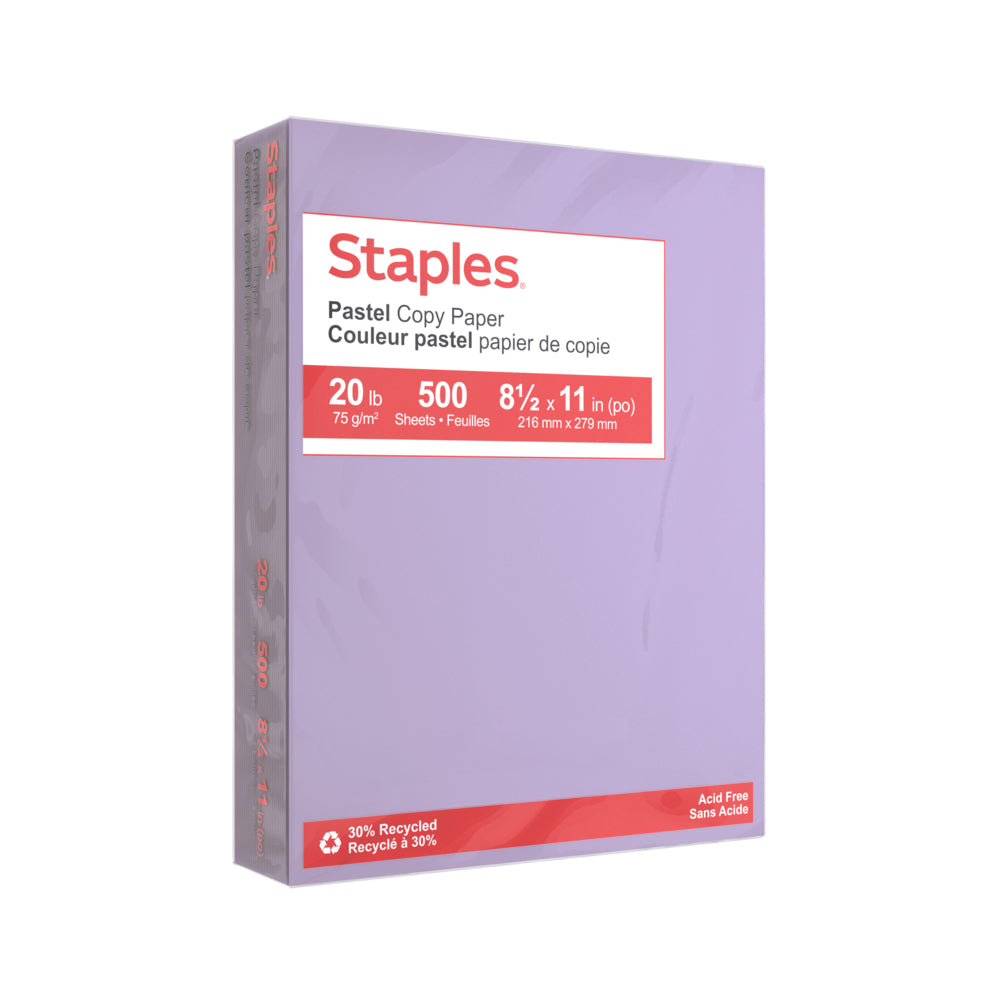 Staples 30% Recycled Pastel Coloured Copy Paper - Letter - 8-1/2" x 11" - Lilac - 500 Sheets