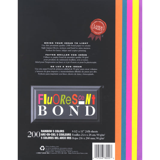 Papier à copier fluorescent St. James Rainbow - 24 lb - 8,5" x 11" - Couleurs assorties - 200 feuilles