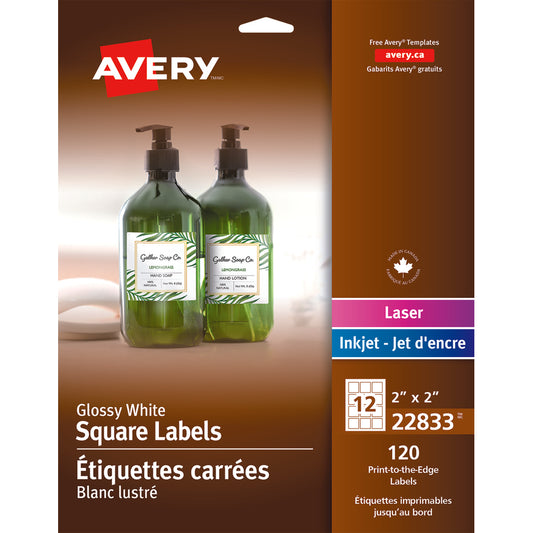 Avery Glossy Square Labels - 2" x 2" - White - 120 Labels