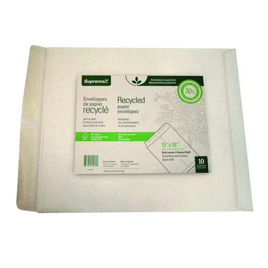 Enveloppes pour catalogue Supremex en papier kraft naturel robuste à extrémité ouverte – 24 lb – 15 po x 18 po – Naturel – Paquet de 10