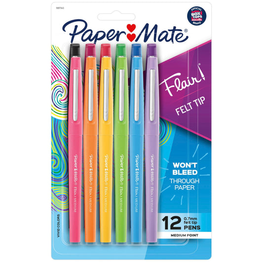 Paper Mate Flair Felt-Tip Pens - 0.7mm - Assorted Colours - 12 Pack