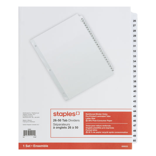 Intercalaires pré-imprimés perforés Staples 26-50 - 25 onglets - Blanc